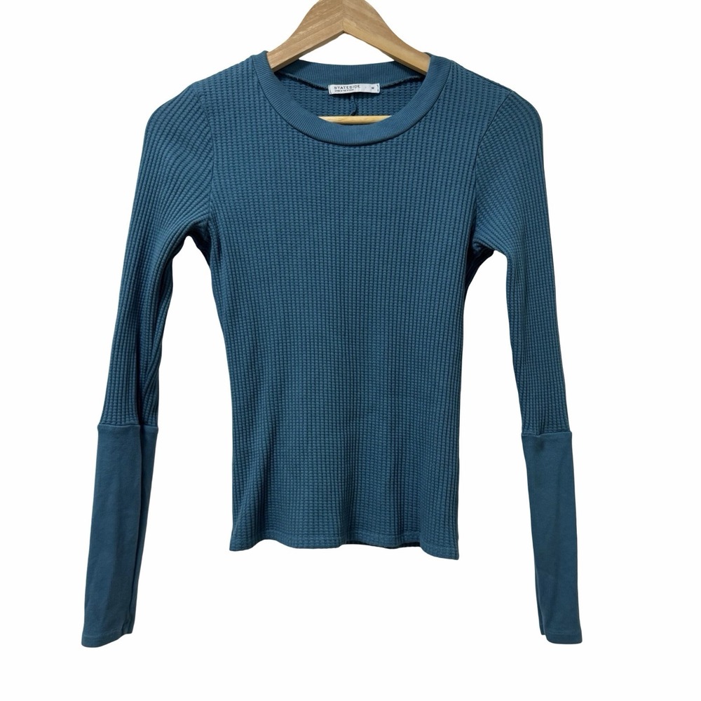 Stateside USA Womens Waffle Crew Neck Long Sleeve Top Size M Teal Blue Minimal